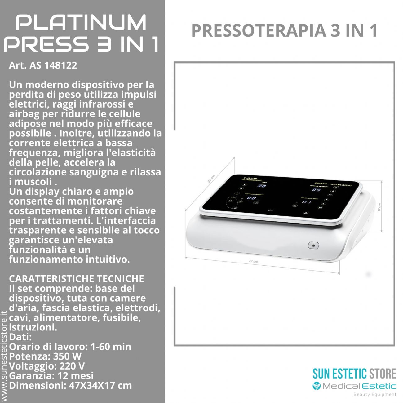 Platinum Press 3 in 1 Pressoterapia + infrarossi + elettrostimolazione