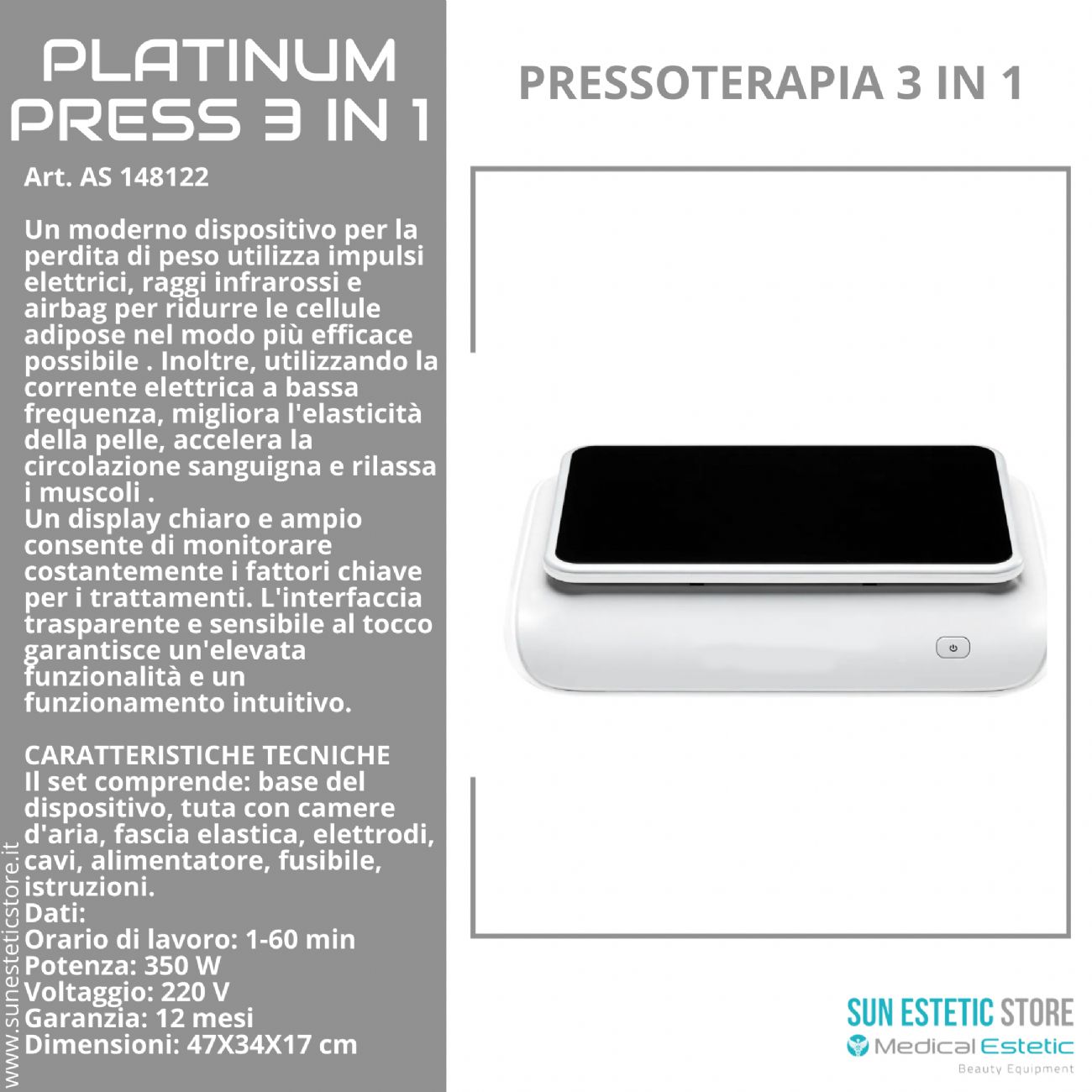 Platinum Press 3 in 1 Pressoterapia + infrarossi + elettrostimolazione