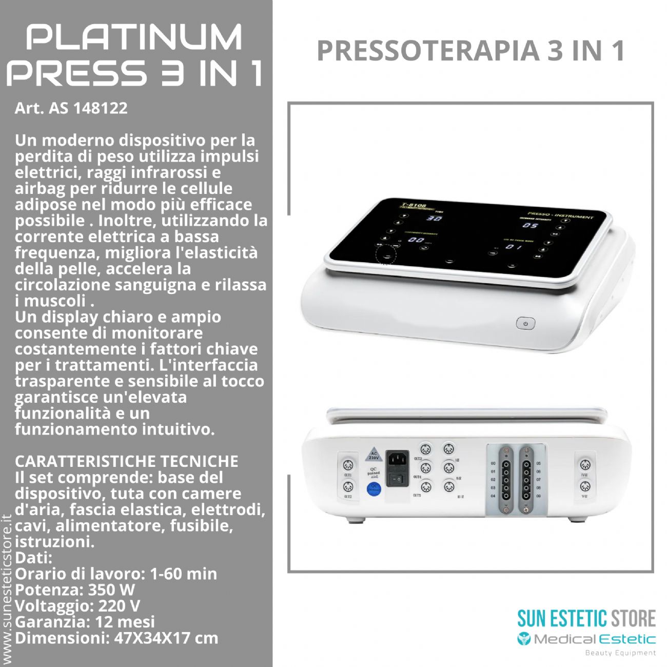 Platinum Press 3 in 1 Pressoterapia + infrarossi + elettrostimolazione