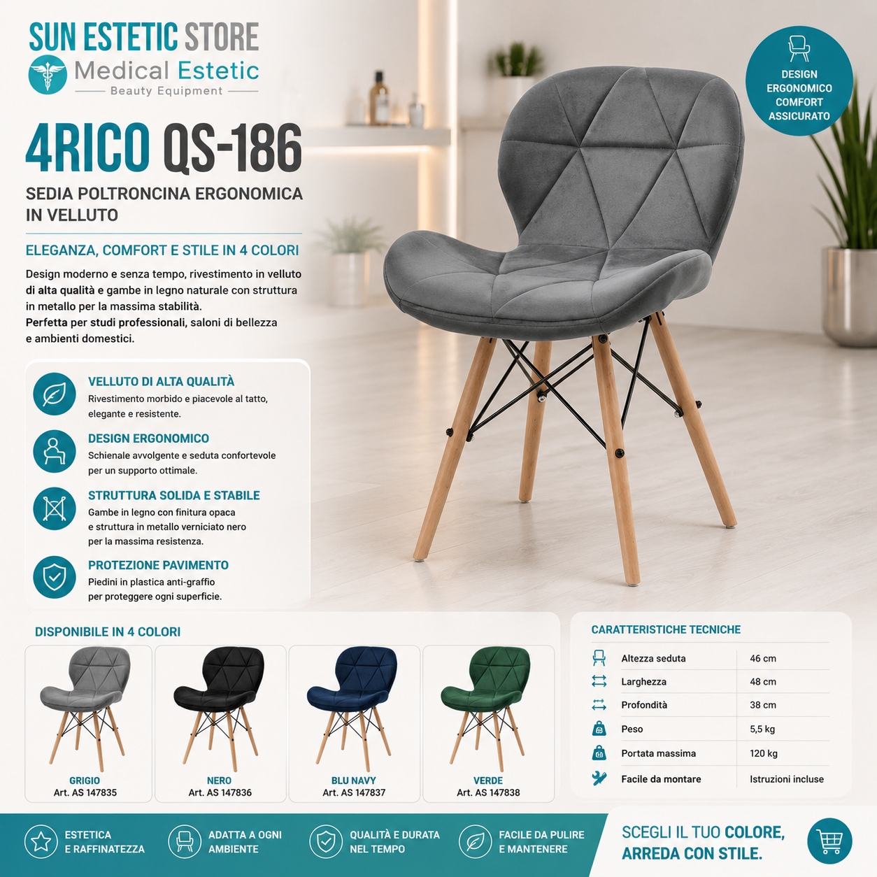 4Rico QS-186 sedia poltroncina velluto per reception sala attesa estetica studio medico dentista