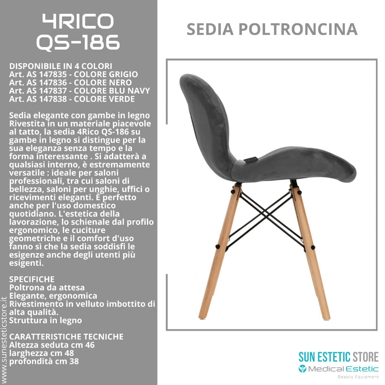 4Rico QS-186 sedia poltroncina velluto per reception sala attesa estetica studio medico dentista