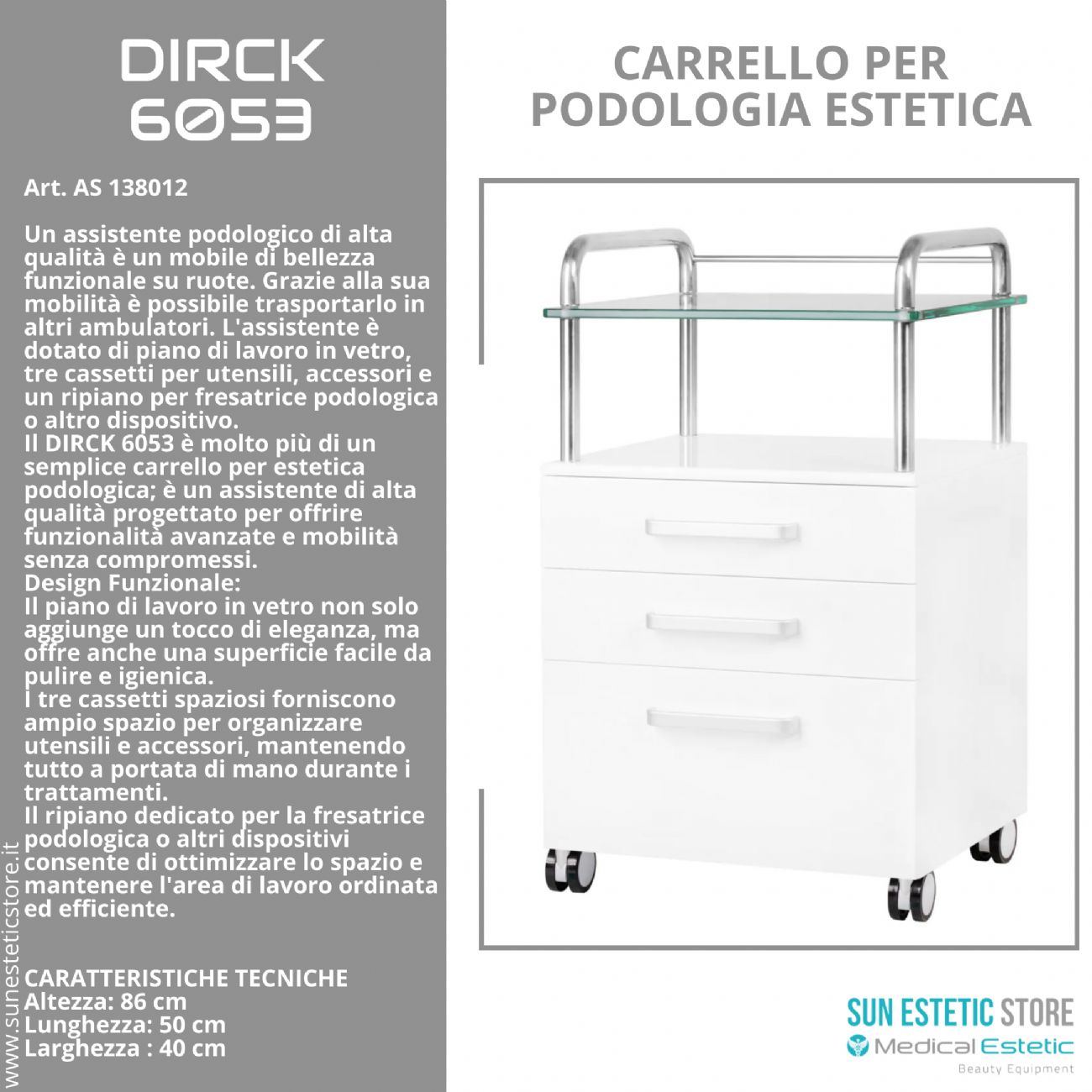 Dirck 6053 carrello assistente porta attrezzature per studio podologico estetica