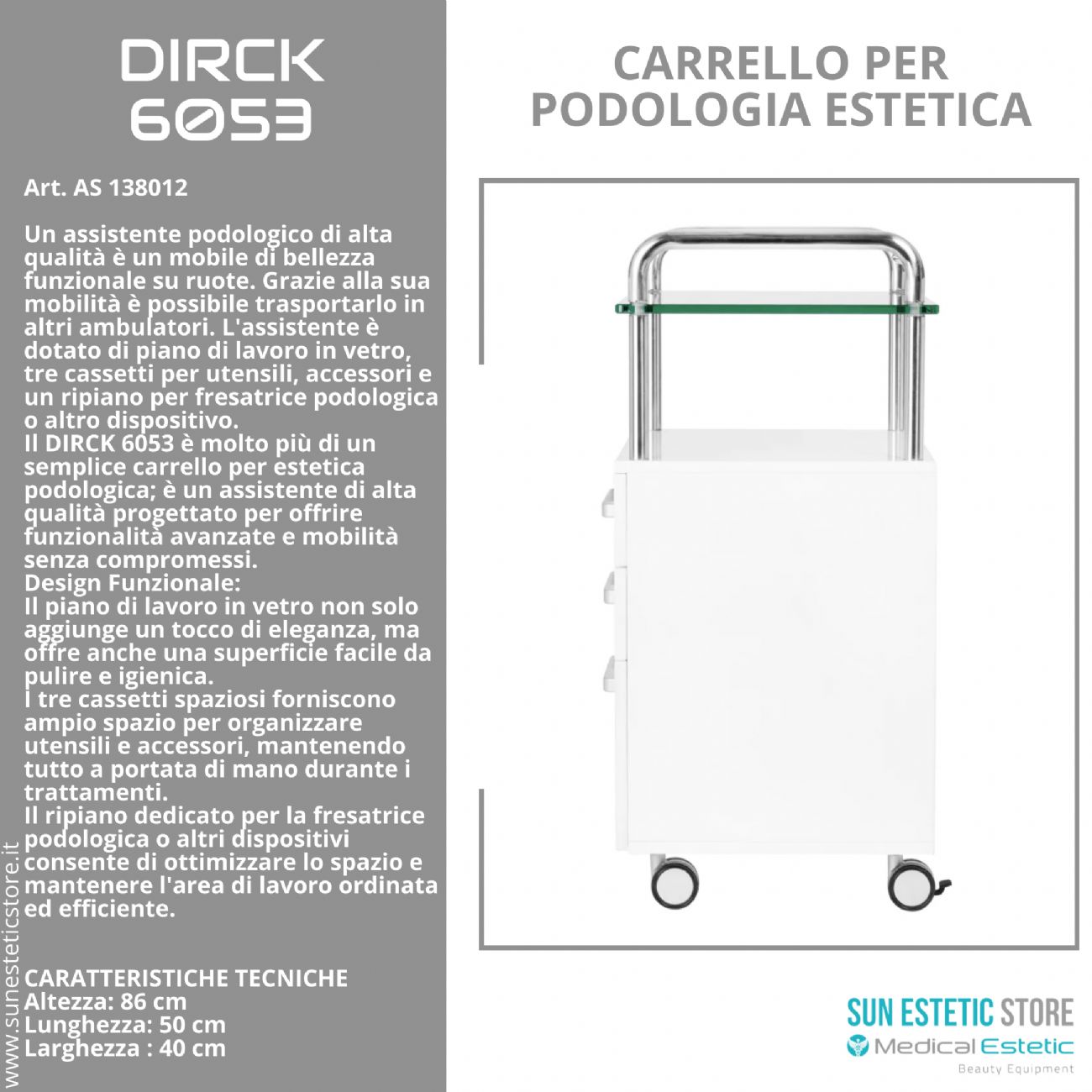 Dirck 6053 carrello assistente porta attrezzature per studio podologico estetica