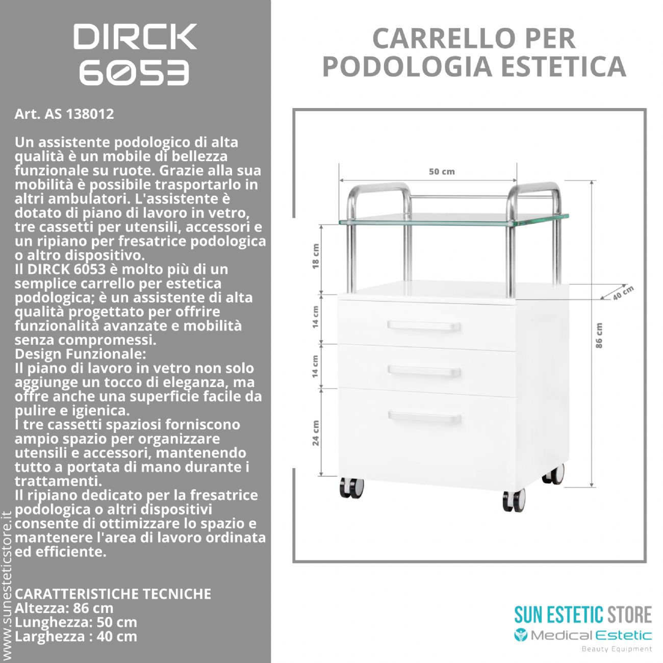 Dirck 6053 carrello assistente porta attrezzature per studio podologico estetica