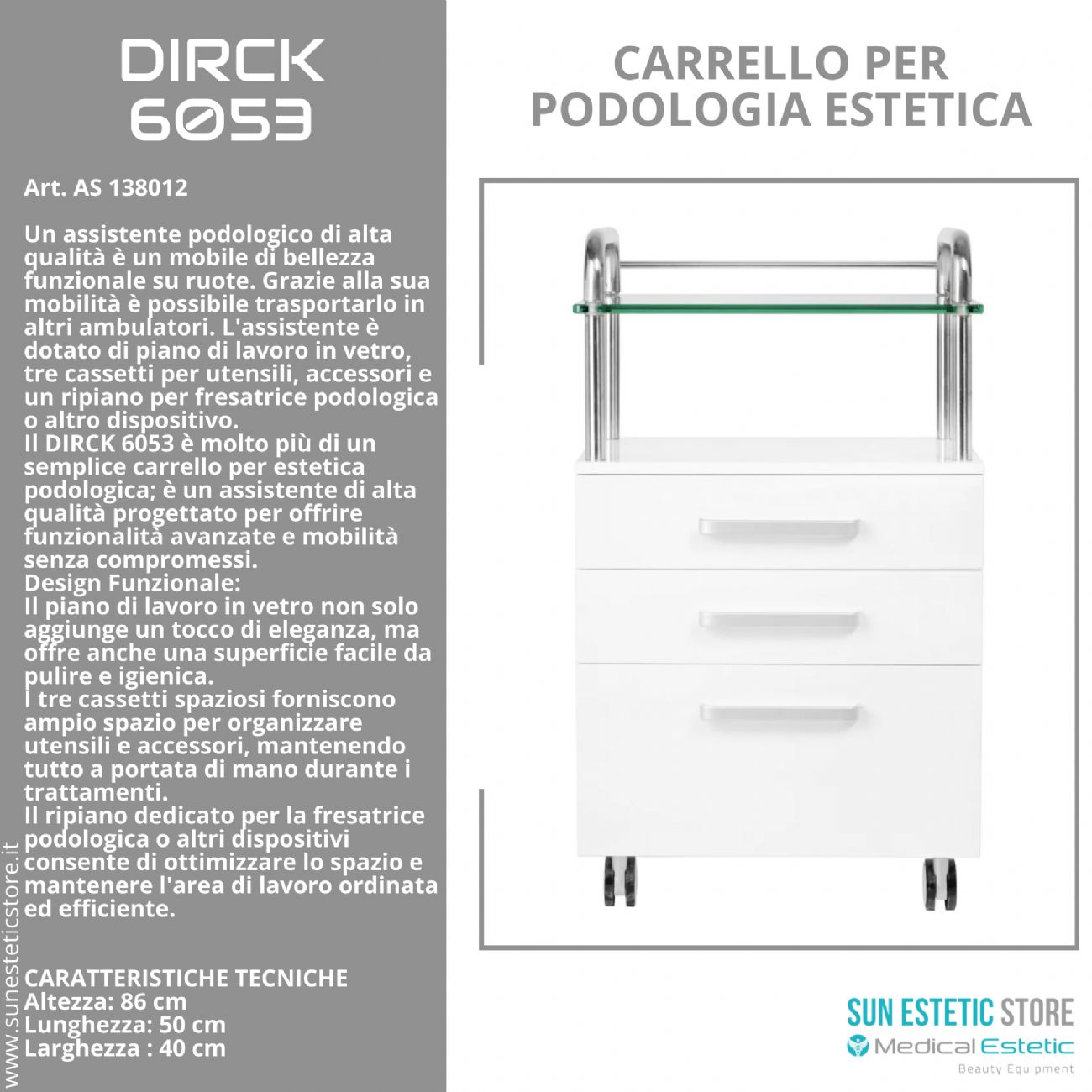 Dirck 6053 carrello assistente porta attrezzature per studio podologico estetica