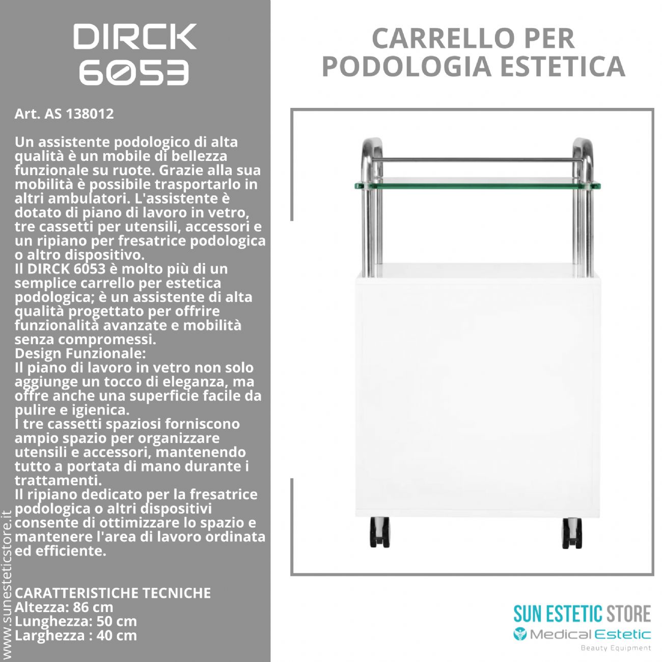 Dirck 6053 carrello assistente porta attrezzature per studio podologico estetica