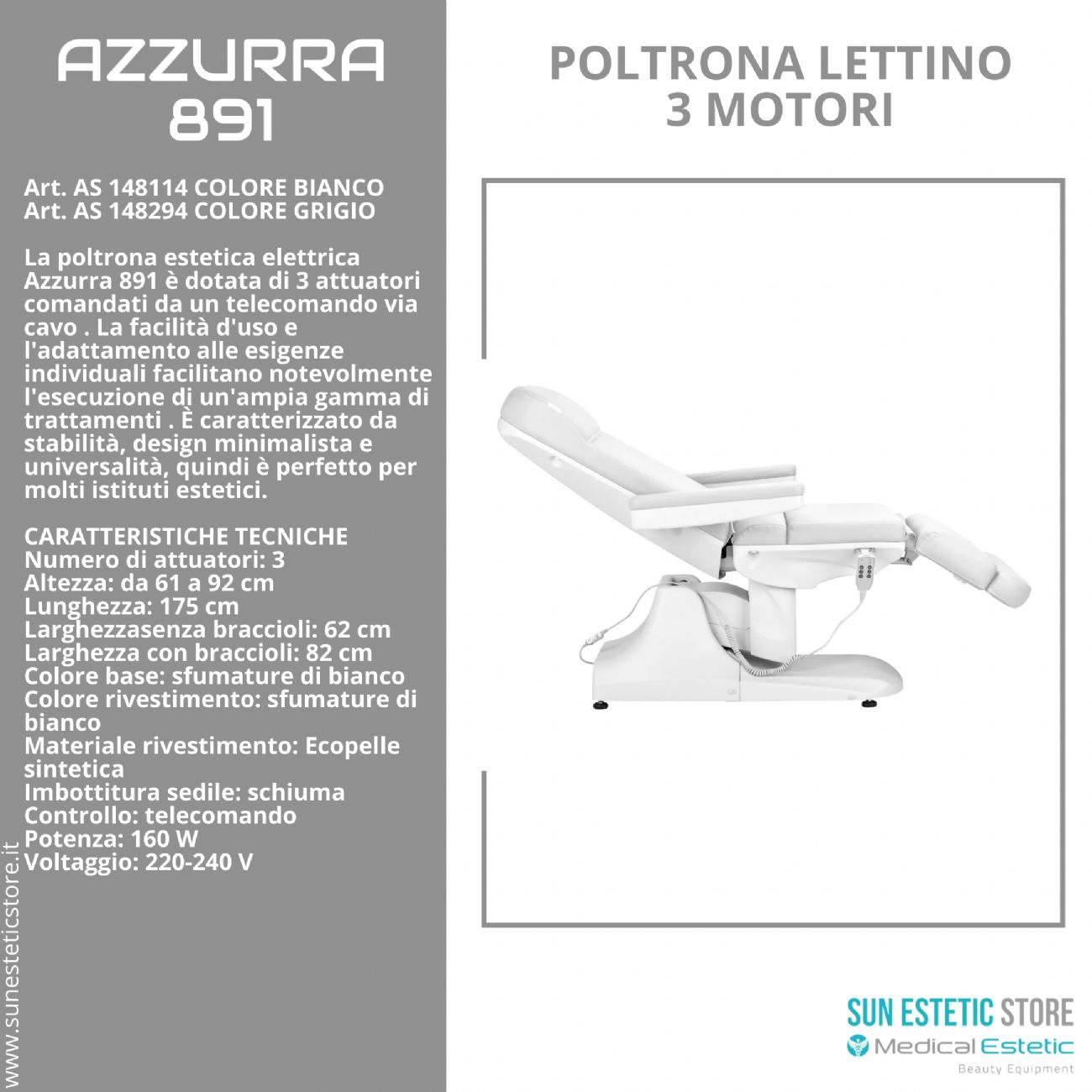 Azzurra 891 poltrona lettino elettrica professionale 3 motori estetica 