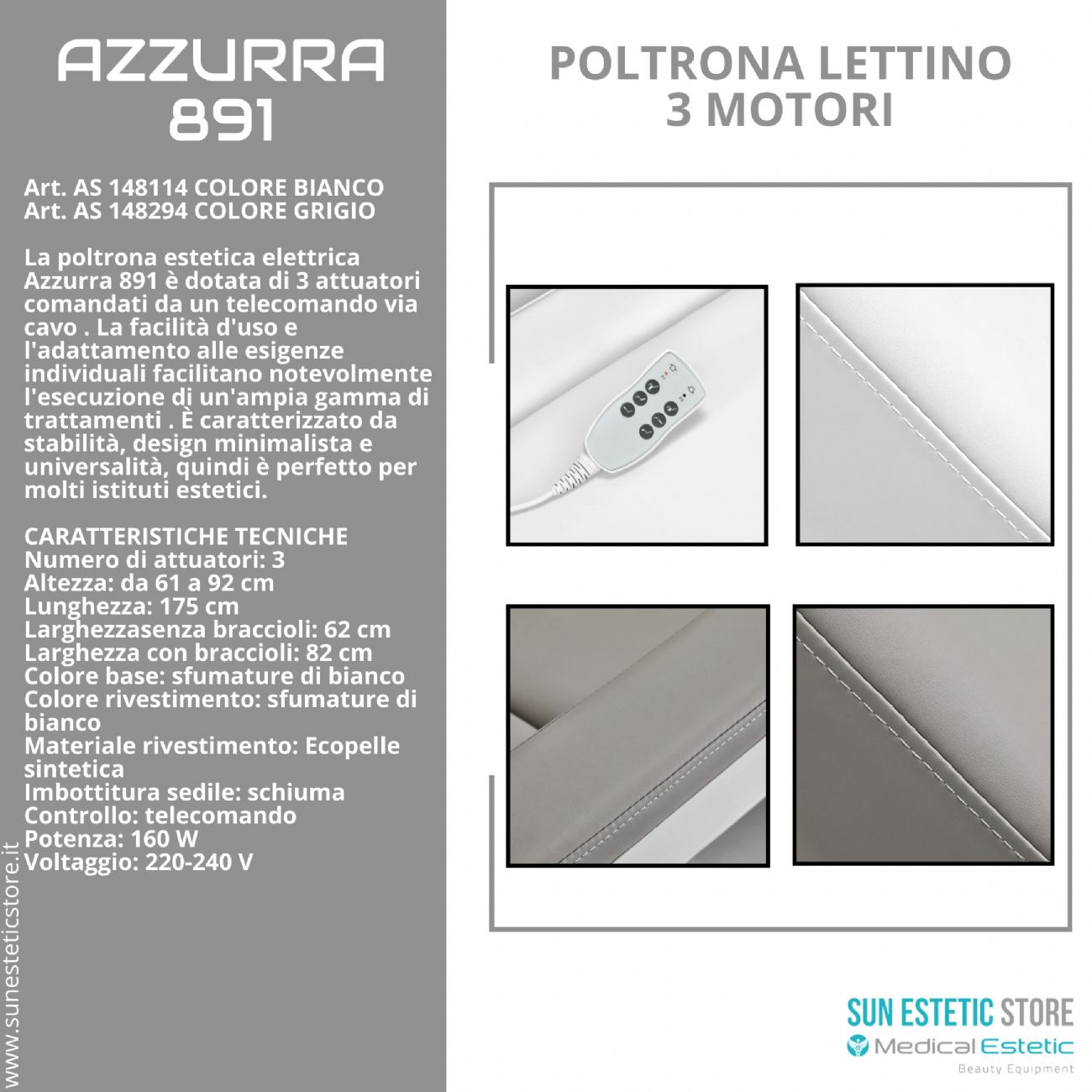 Azzurra 891 poltrona lettino elettrica professionale 3 motori estetica