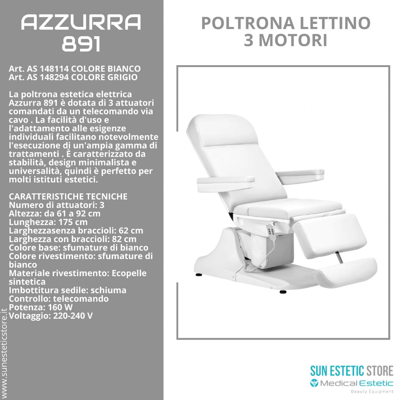 Azzurra 891 poltrona lettino elettrica professionale 3 motori estetica 