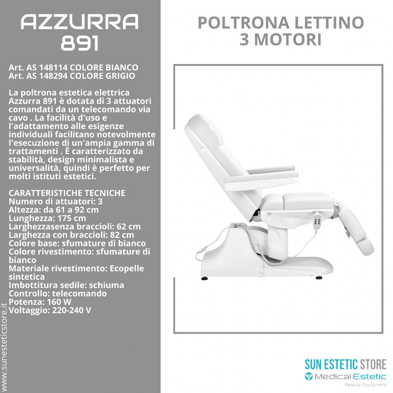 Azzurra 891 poltrona lettino elettrica professionale 3 motori estetica