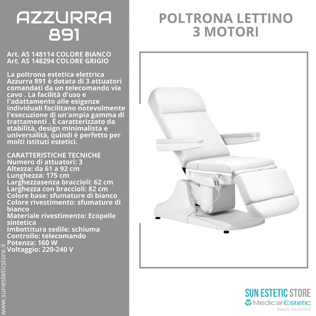 Azzurra 891 poltrona lettino elettrica professionale 3 motori estetica