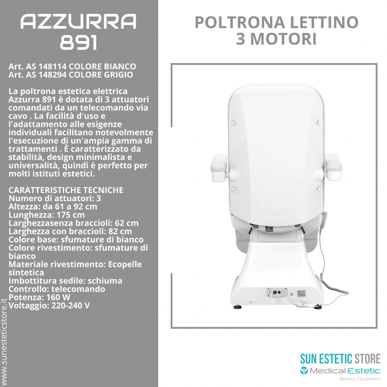 Azzurra 891 poltrona lettino elettrica professionale 3 motori estetica