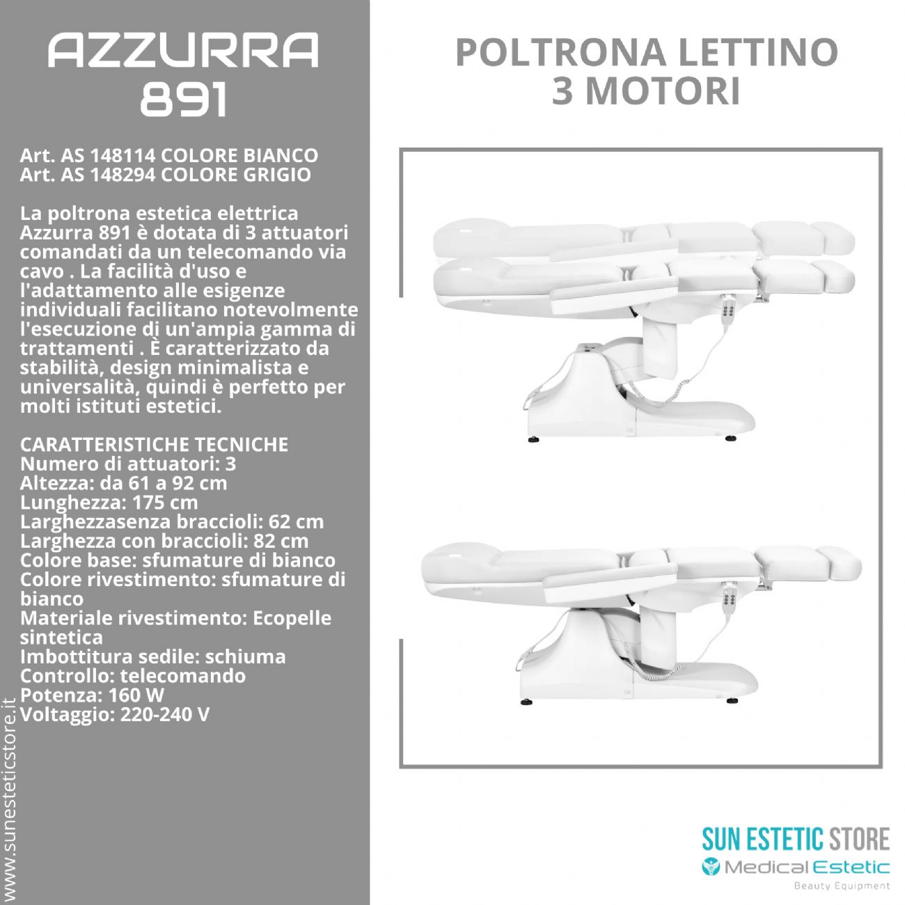 Azzurra 891 poltrona lettino elettrica professionale 3 motori estetica 