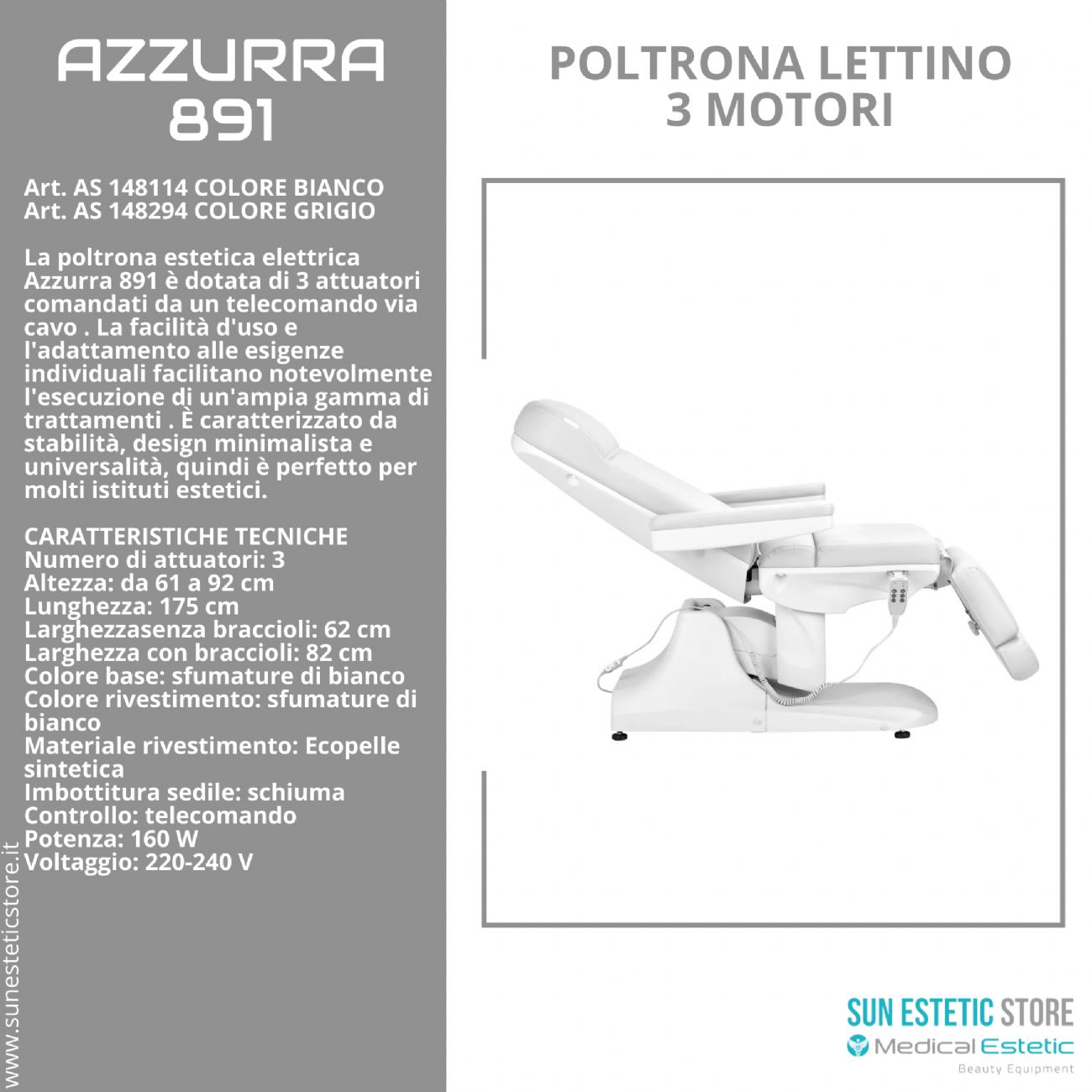 Azzurra 891 poltrona lettino elettrica professionale 3 motori estetica