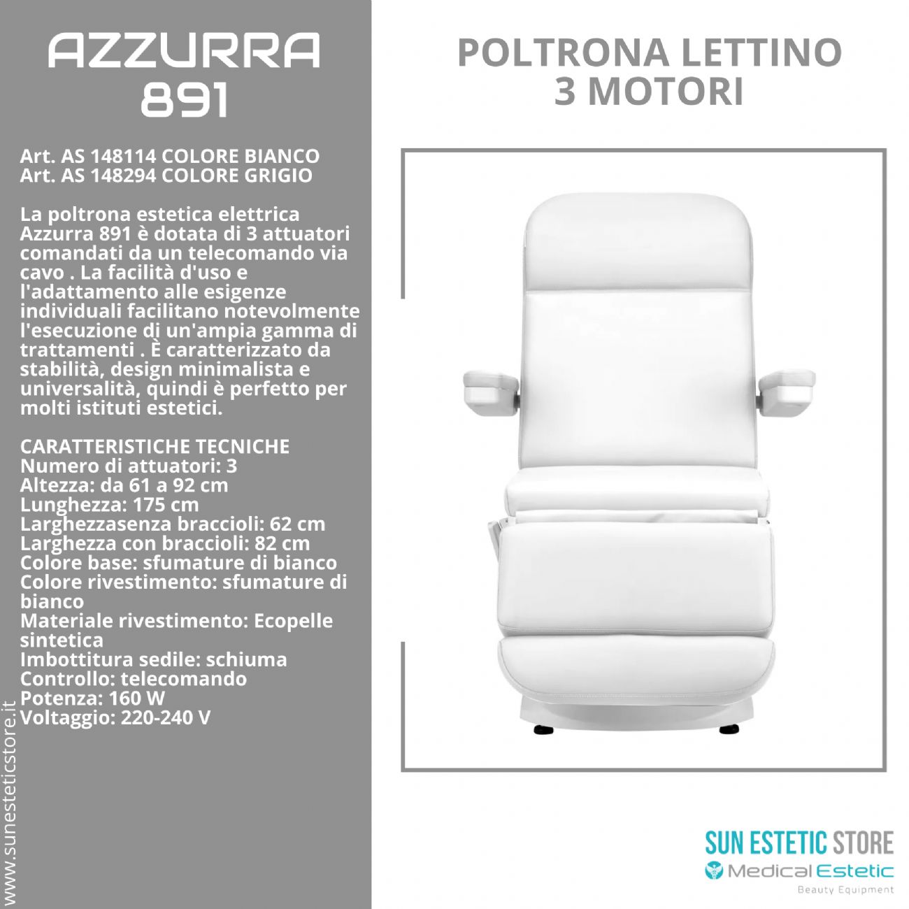 Azzurra 891 poltrona lettino elettrica professionale 3 motori estetica 