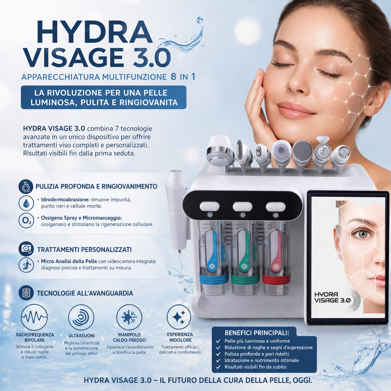 Hydra Visage 3.0 multifunzione viso 8 in 1 con analisi della pelle