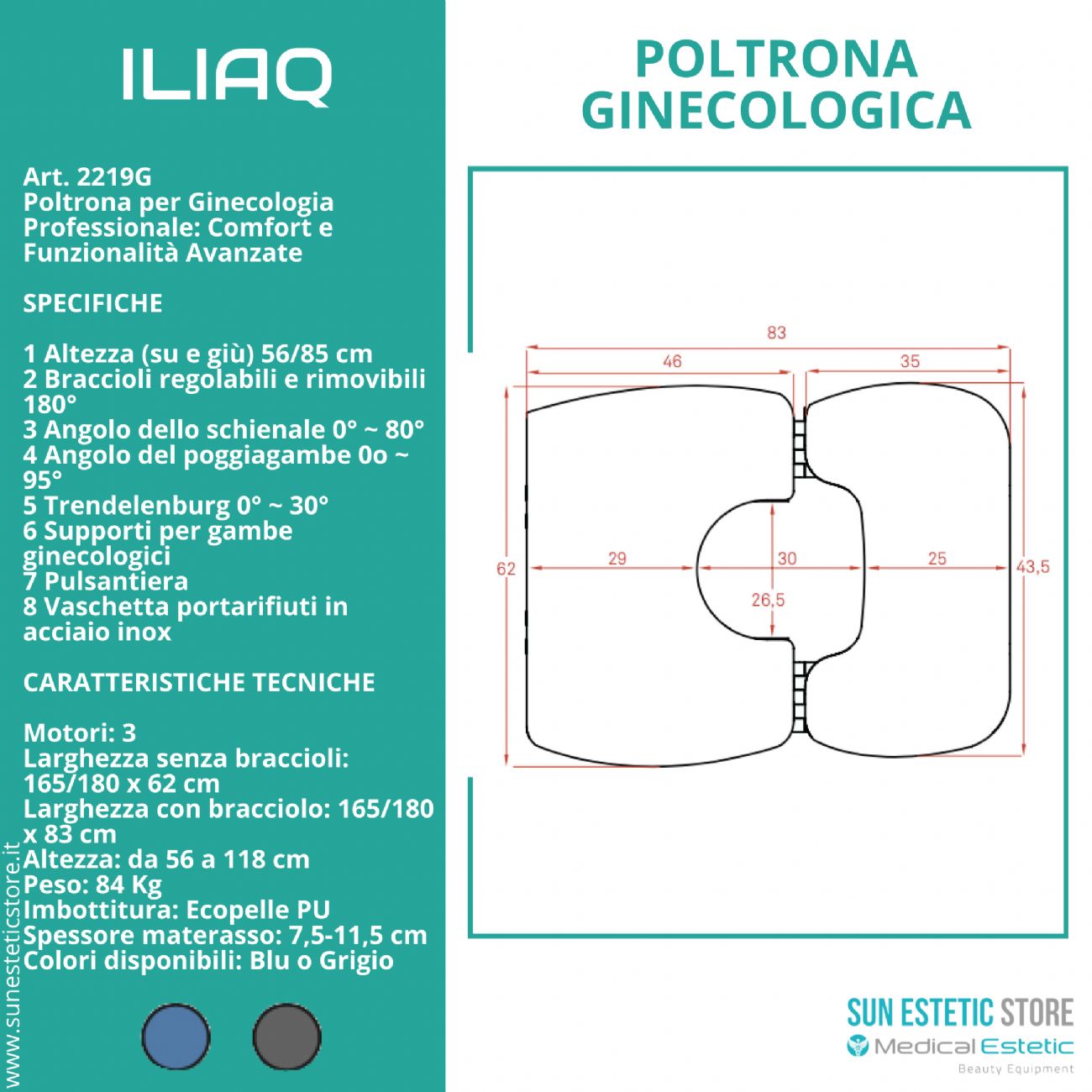 Iliaq poltrona ginecologica elettrica 3 motori