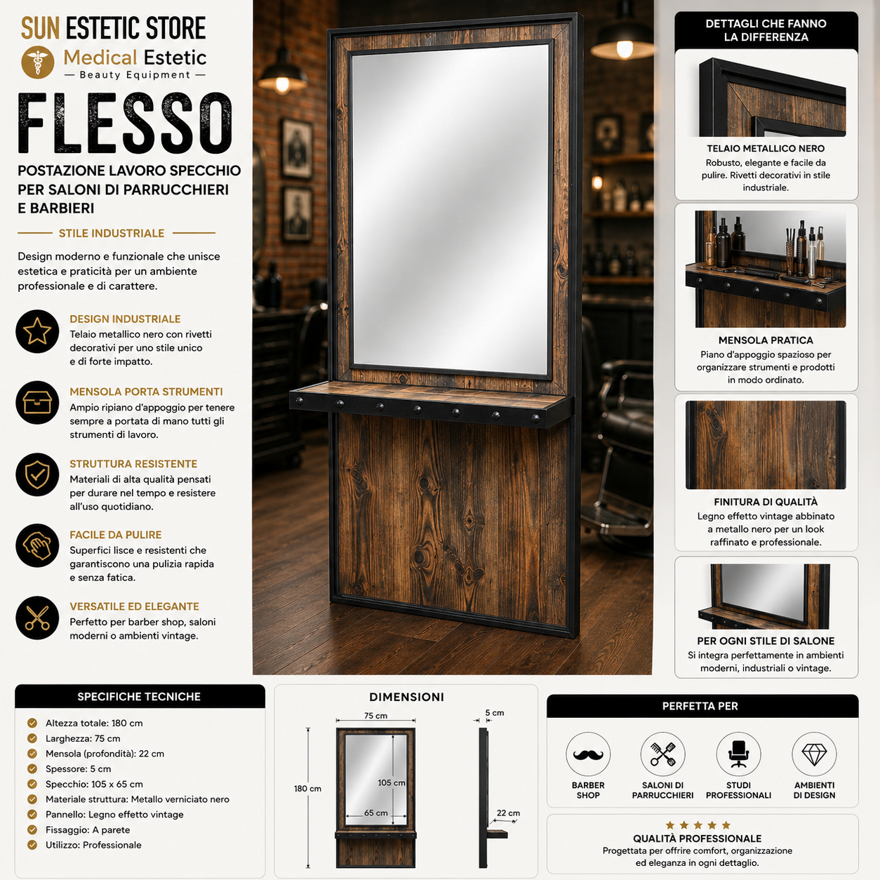 Flesso postazione lavoro specchio con mensola barber shop