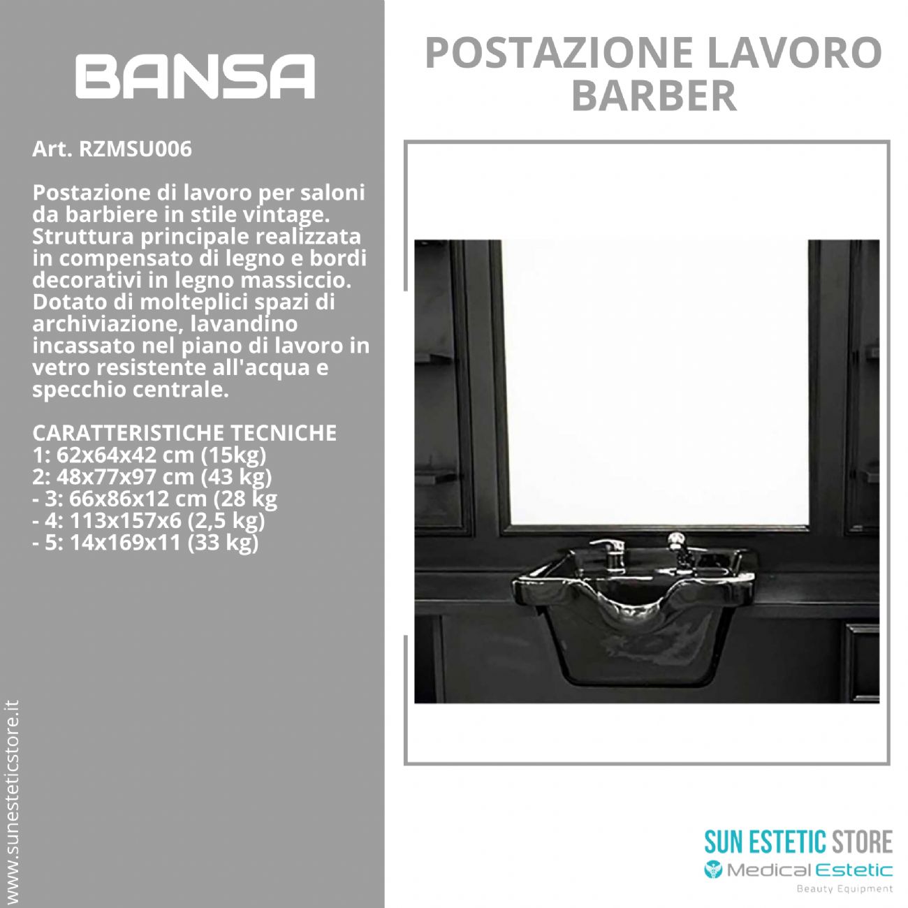 Bansa postazione lavoro specchio con lavello per parrucchiere  barber shop