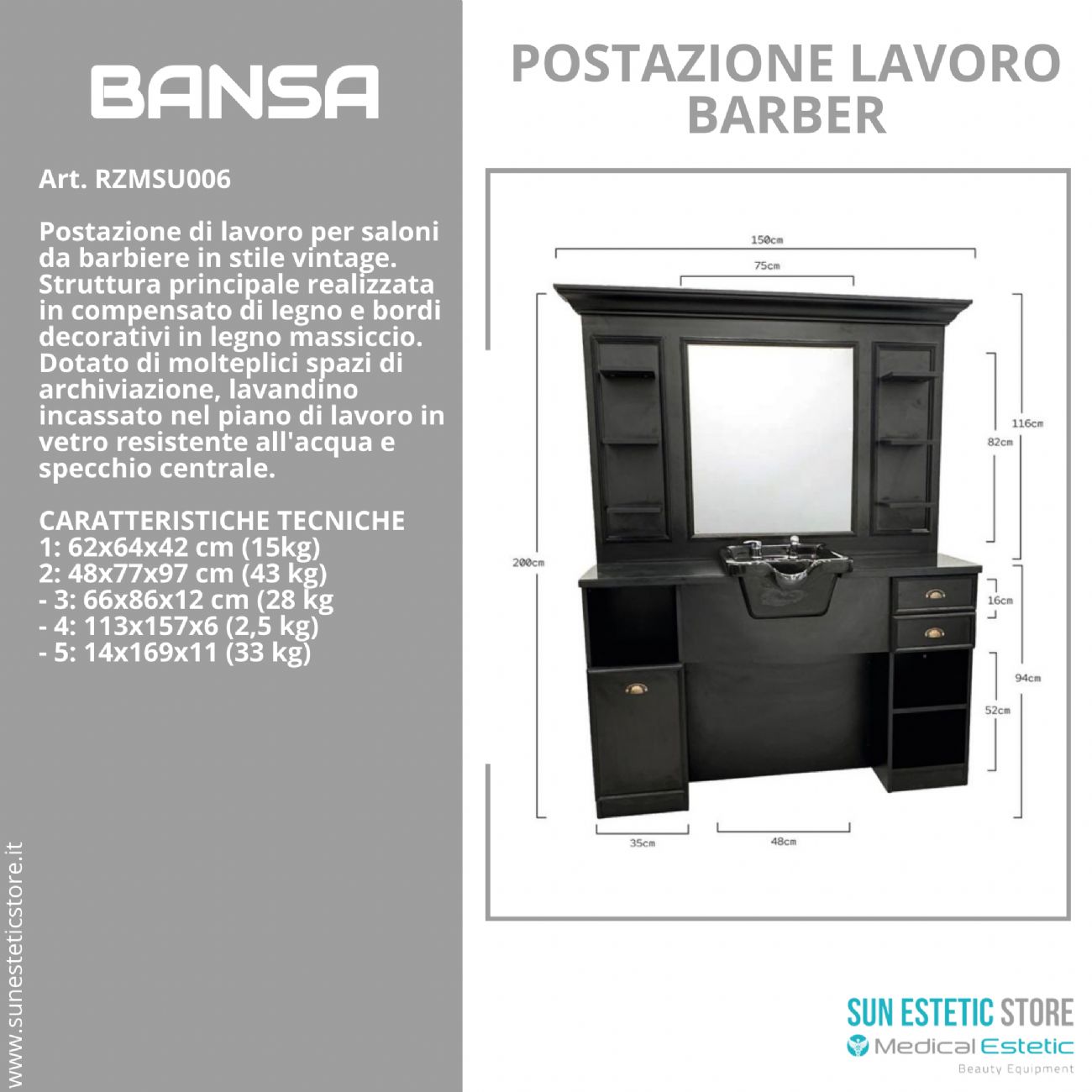 Bansa postazione lavoro specchio con lavello per parrucchiere  barber shop