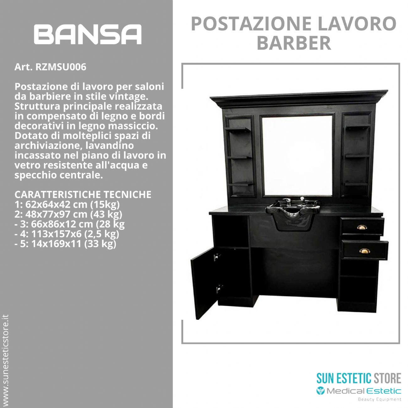 Bansa postazione lavoro specchio con lavello per parrucchiere  barber shop
