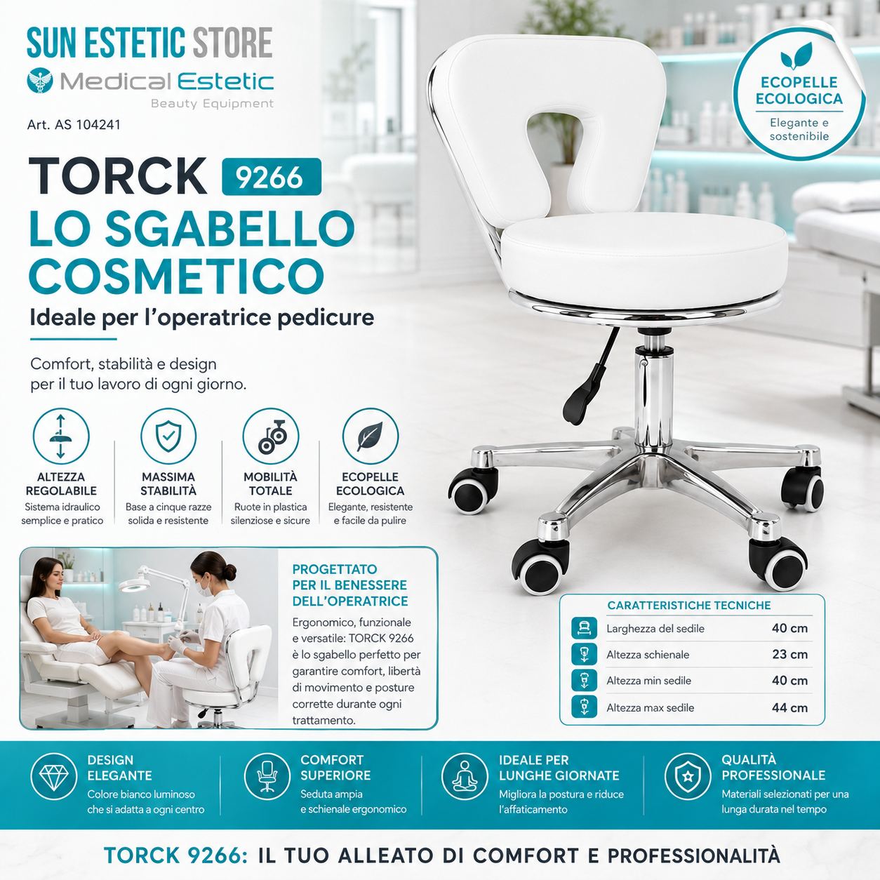 Torck sgabello pedicure ergonomico regolabile con schienale estetica Spa