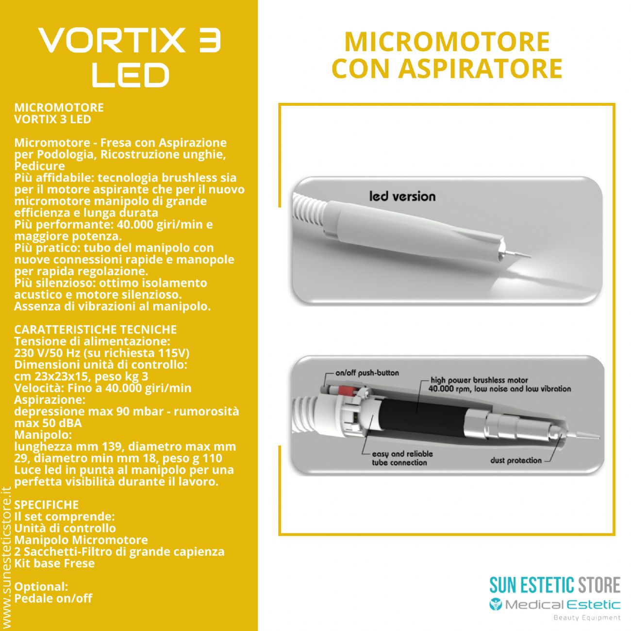 Vortex 3 Led micromotore fresa podologica con aspirazione onicotecnica nails