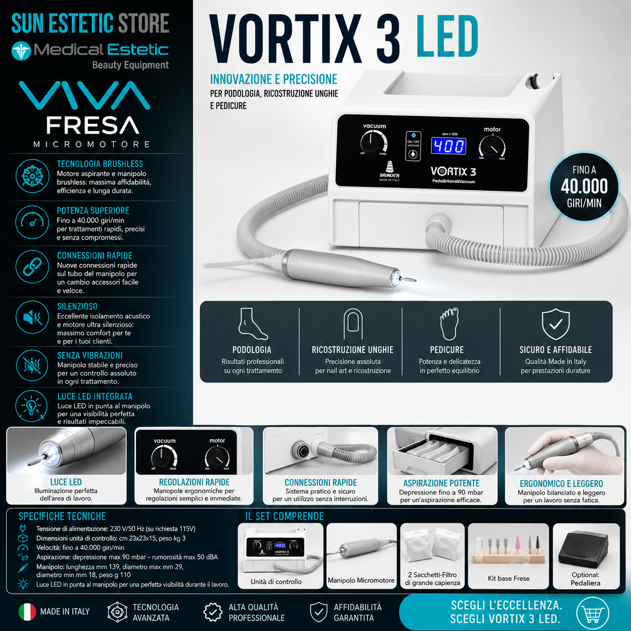 Vortex 3 Led micromotore fresa podologica con aspirazione onicotecnica nails