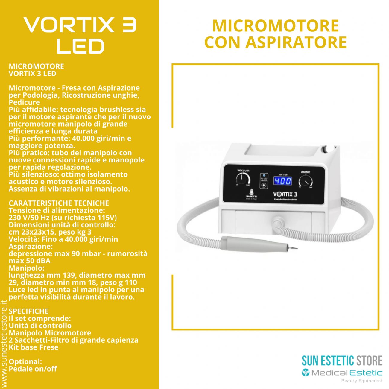 Vortex 3 Led micromotore fresa podologica con aspirazione onicotecnica nails