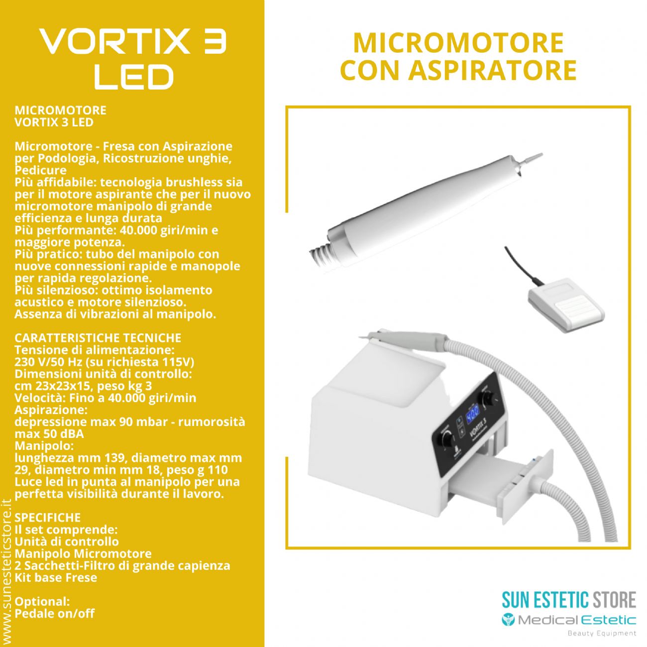 Vortex 3 Led micromotore fresa podologica con aspirazione onicotecnica nails