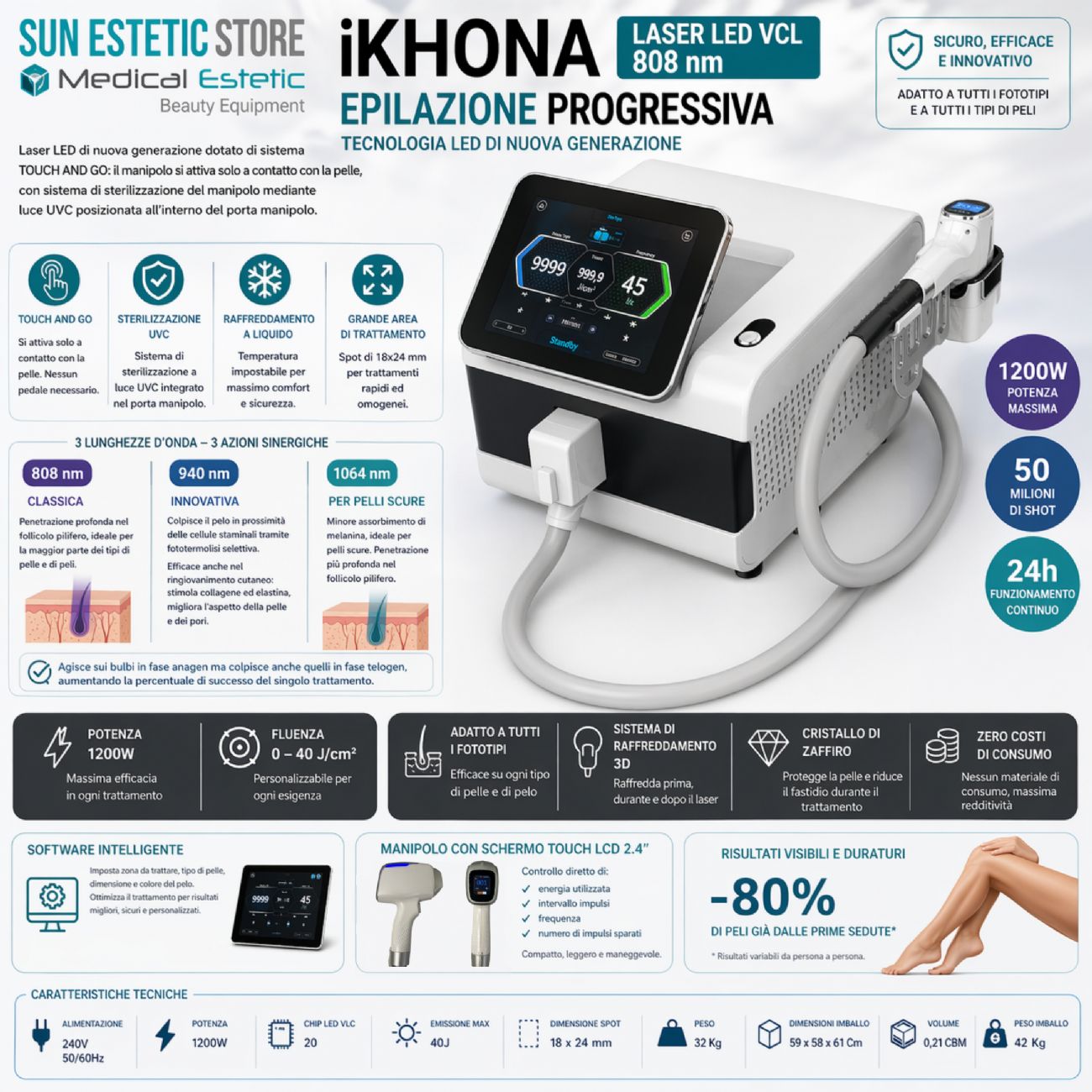 iKhona Laser LED VLC 808 nm Touch and Go system per epilazione progressiva