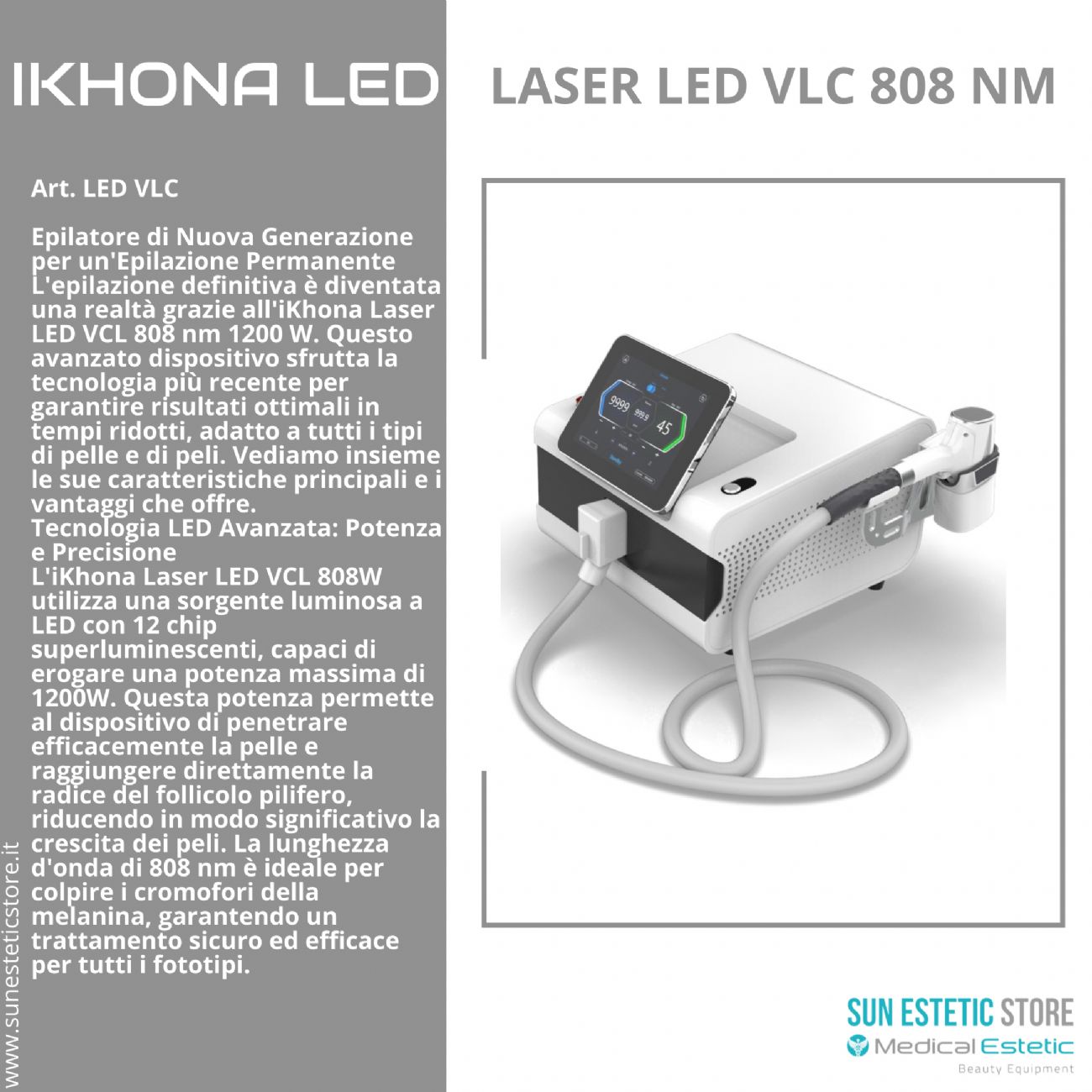 iKhona Laser LED VLC 808 nm 1200W epilazione progressiva