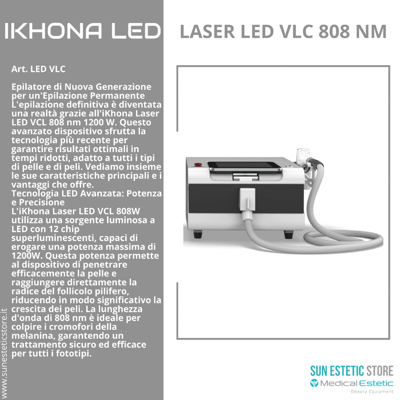 iKhona Laser LED VLC 808 nm 1200W epilazione progressiva