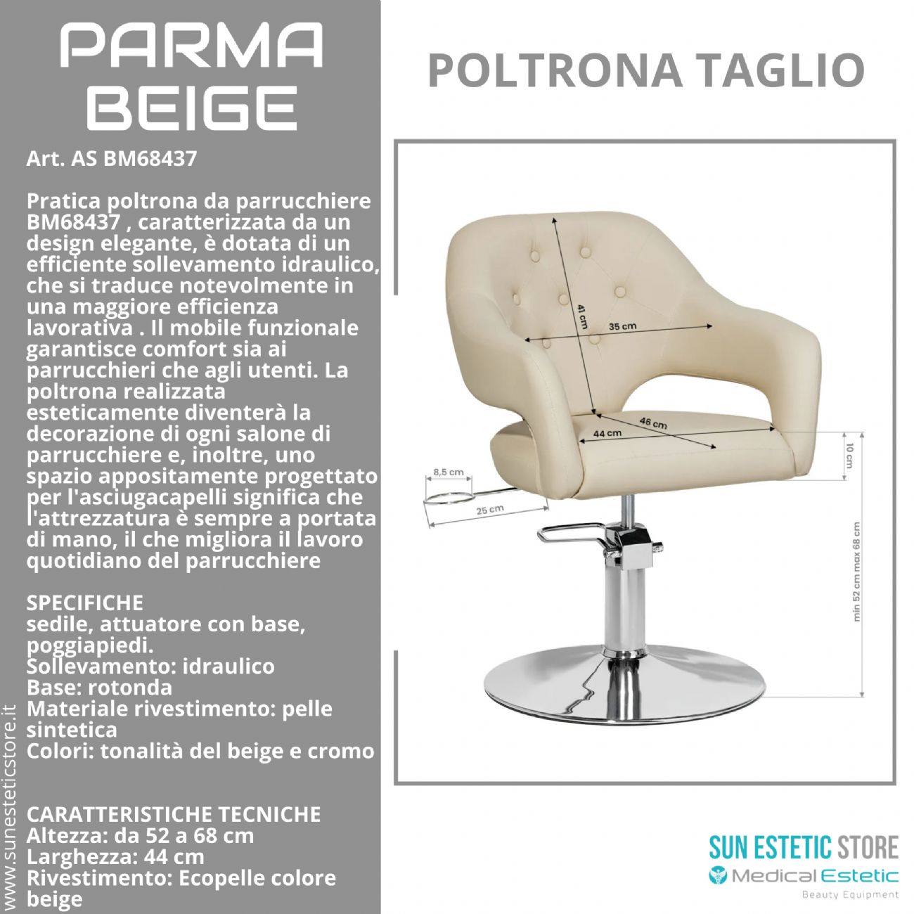 Parma Beige poltroncina taglio in pelle regolabile per parrucchiere