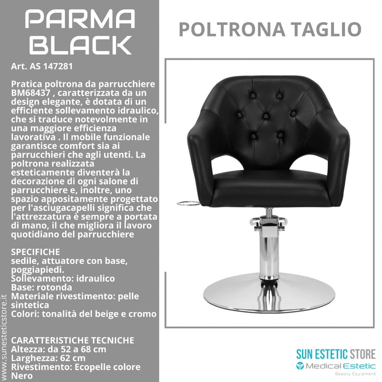 Parma Black poltroncina taglio in pelle regolabile per parrucchiere