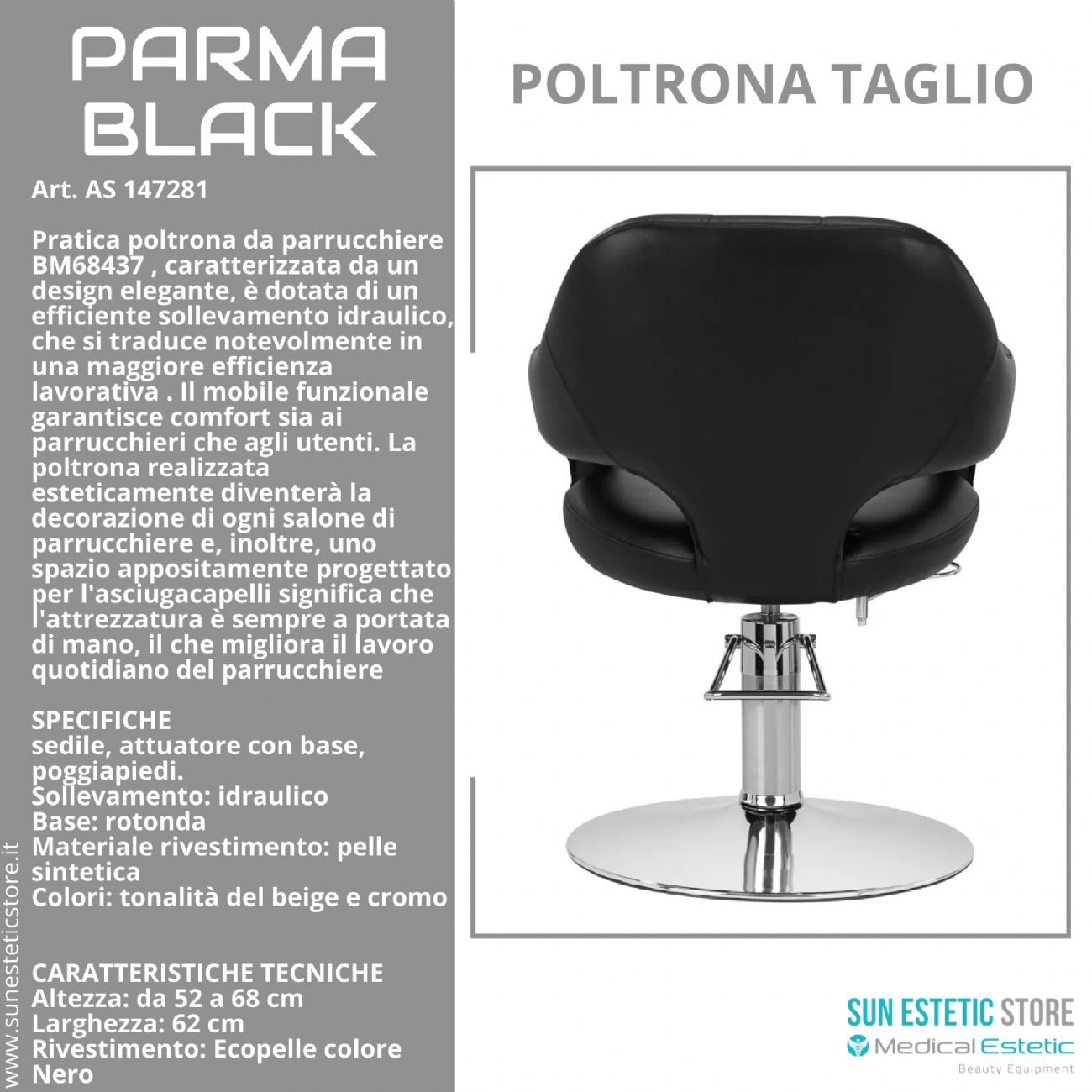 Parma Black poltroncina taglio in pelle regolabile per parrucchiere