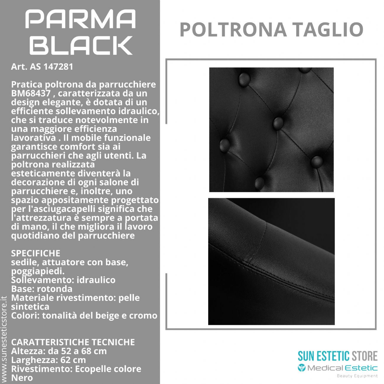 Parma Black poltroncina taglio in pelle regolabile per parrucchiere