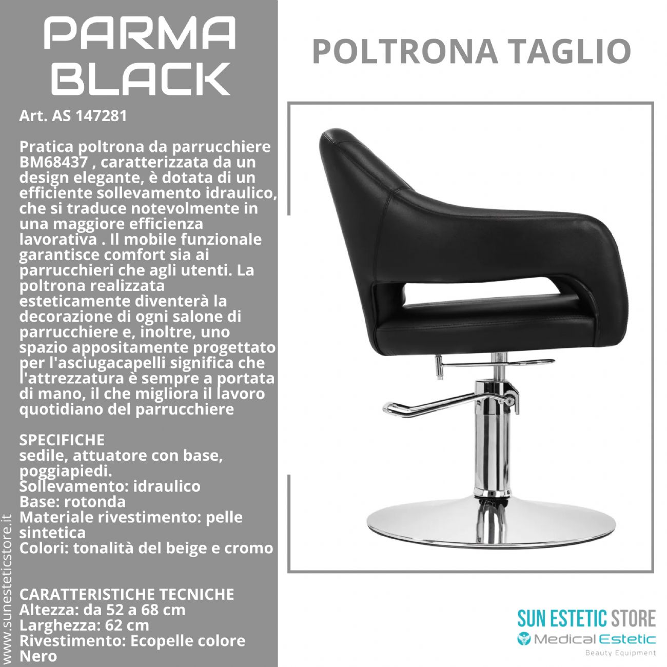 Parma Black poltroncina taglio in pelle regolabile per parrucchiere