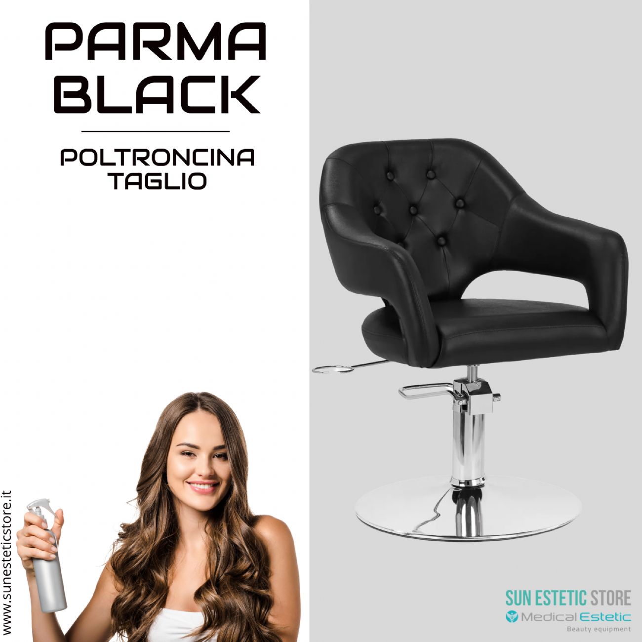 Parma Black poltroncina taglio in pelle regolabile per parrucchiere