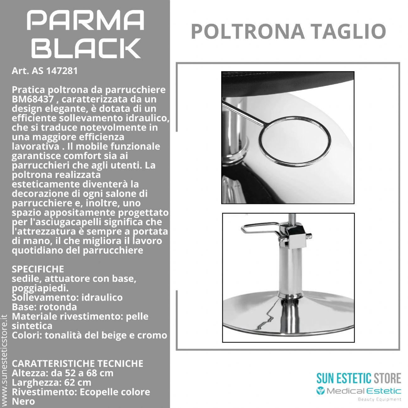 Parma Black poltroncina taglio in pelle regolabile per parrucchiere