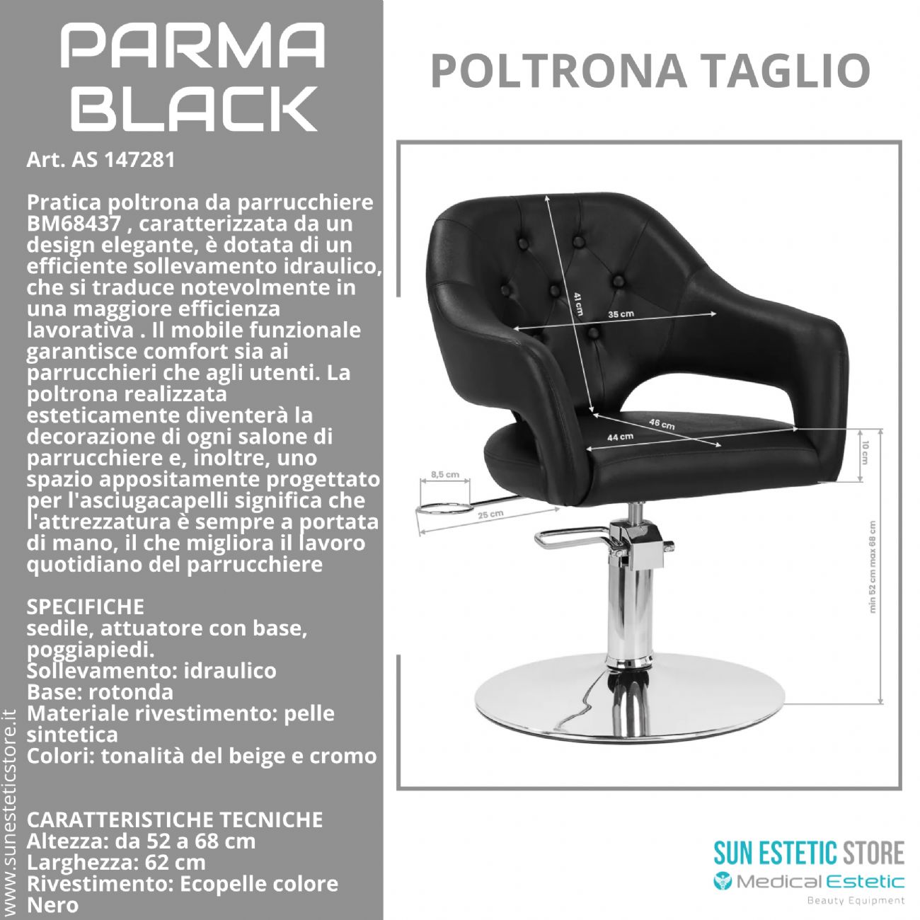 Parma Black poltroncina taglio in pelle regolabile per parrucchiere