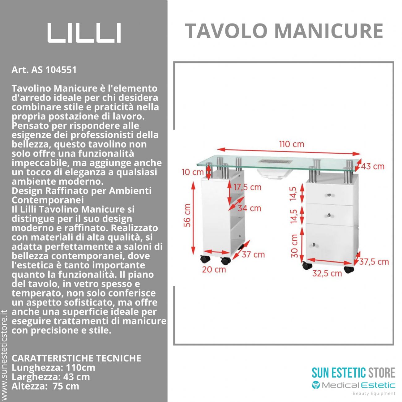 Lilli tavolino manicure con aspiratore e piano in vetro