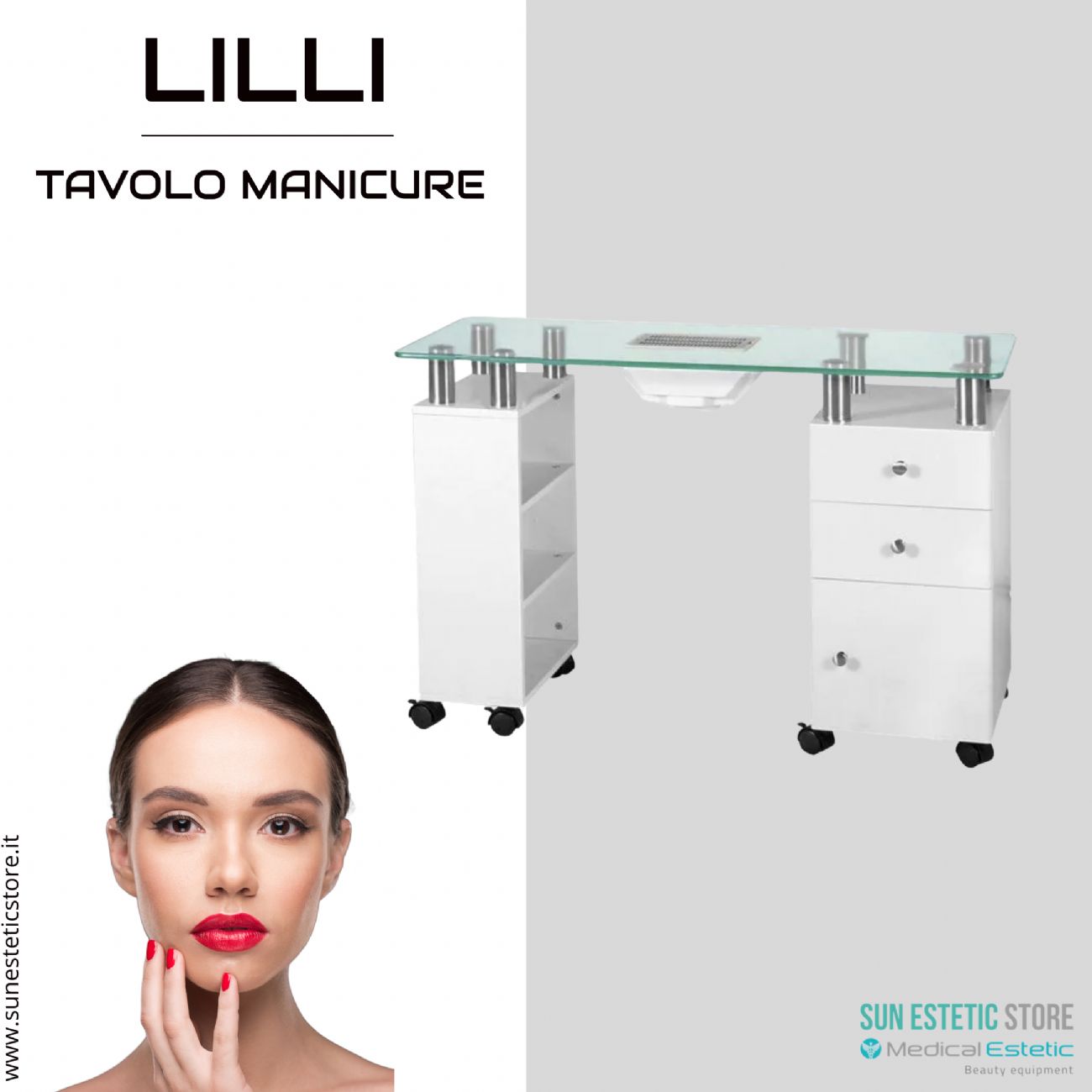 Lilli tavolino manicure con aspiratore e piano in vetro