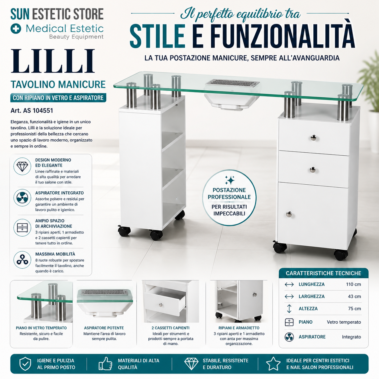 Lilli tavolino manicure con aspiratore e piano in vetro