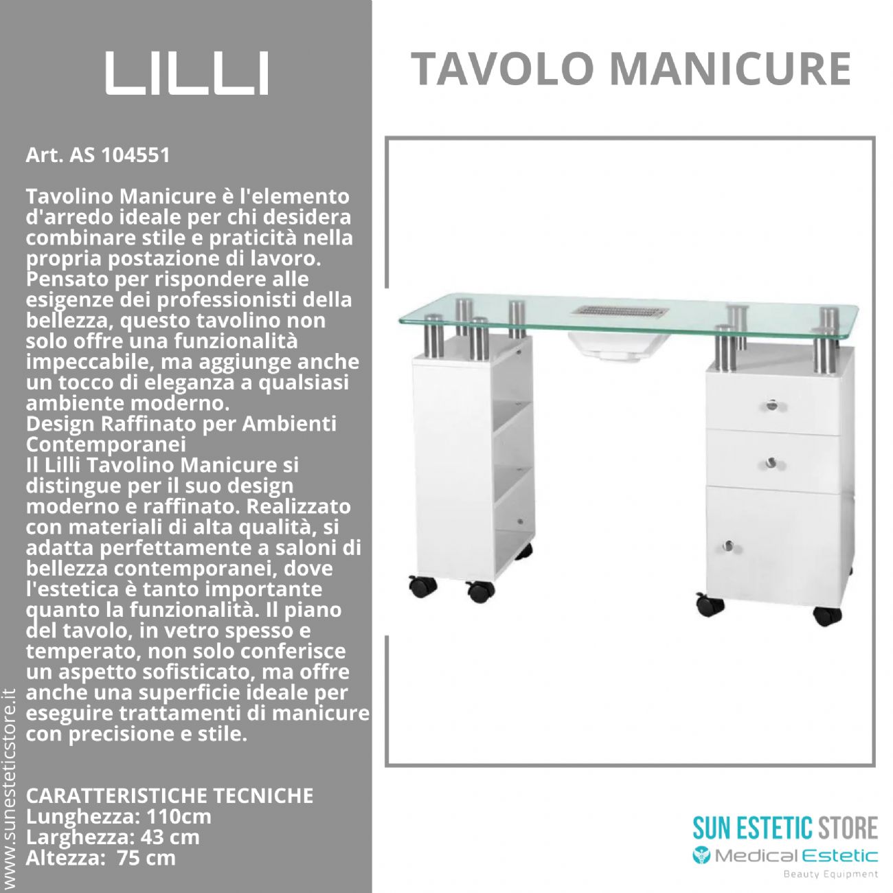 Lilli tavolino manicure con aspiratore e piano in vetro