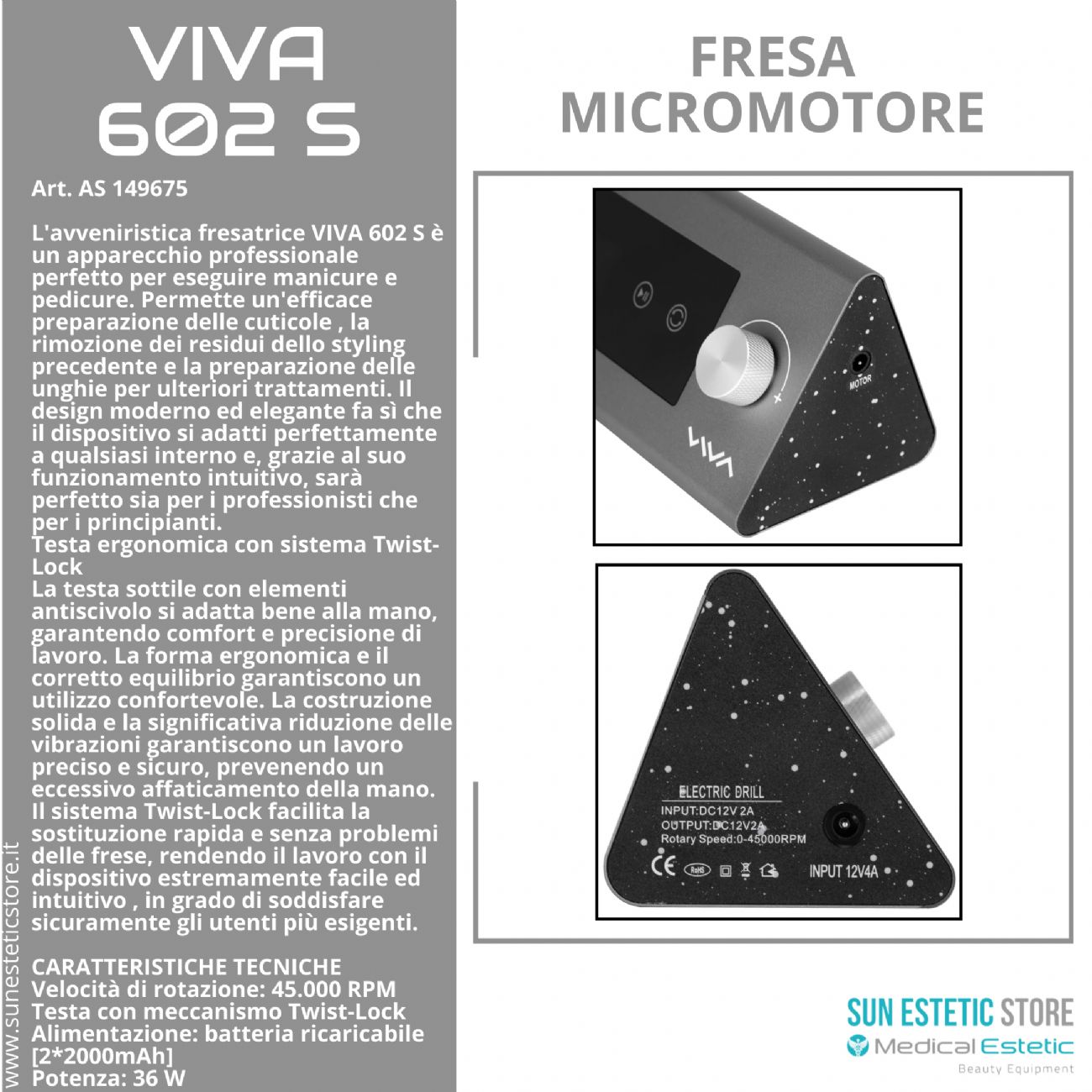 Viva 602 S fresa micromotore per manicure pedicure