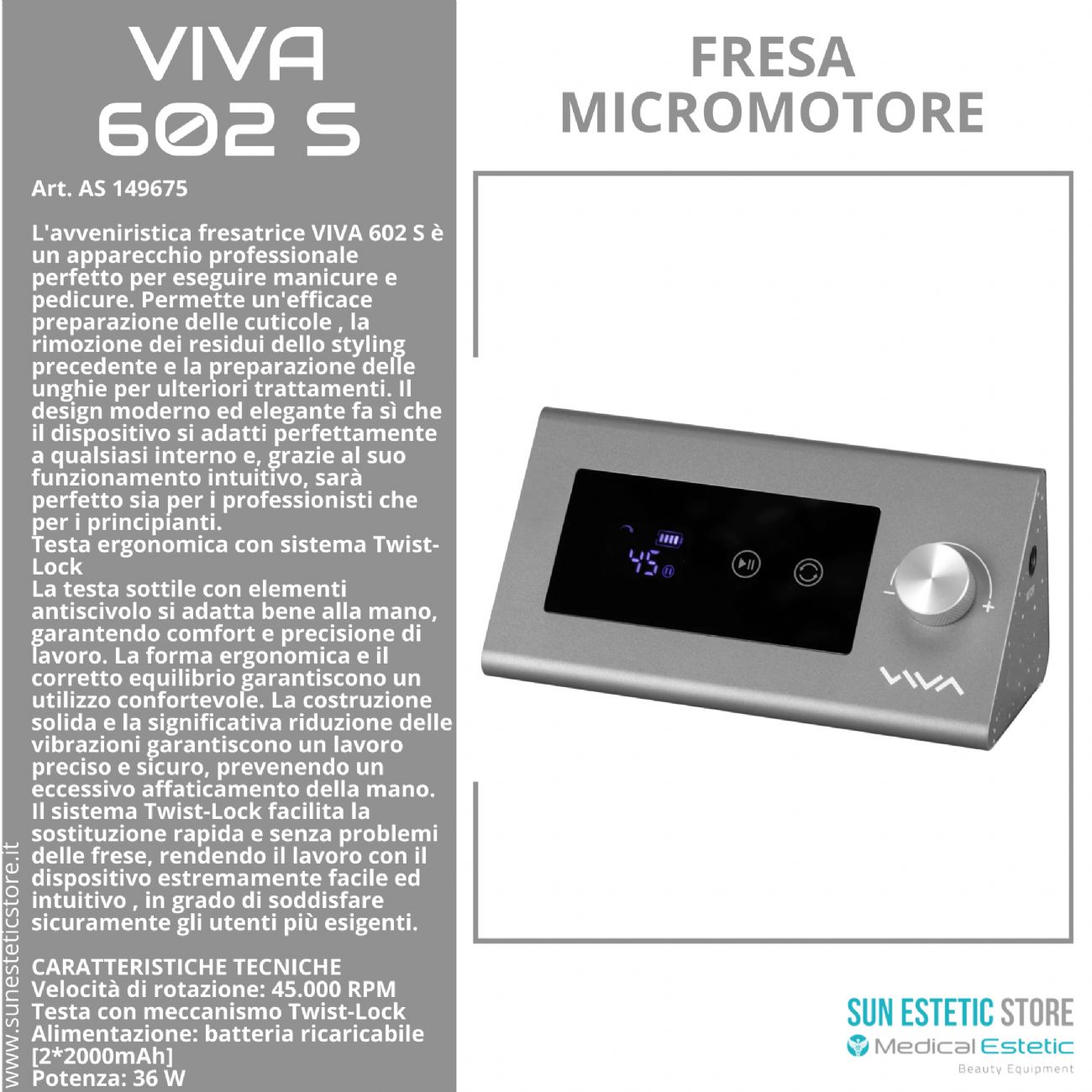 Viva 602 S fresa micromotore per manicure pedicure