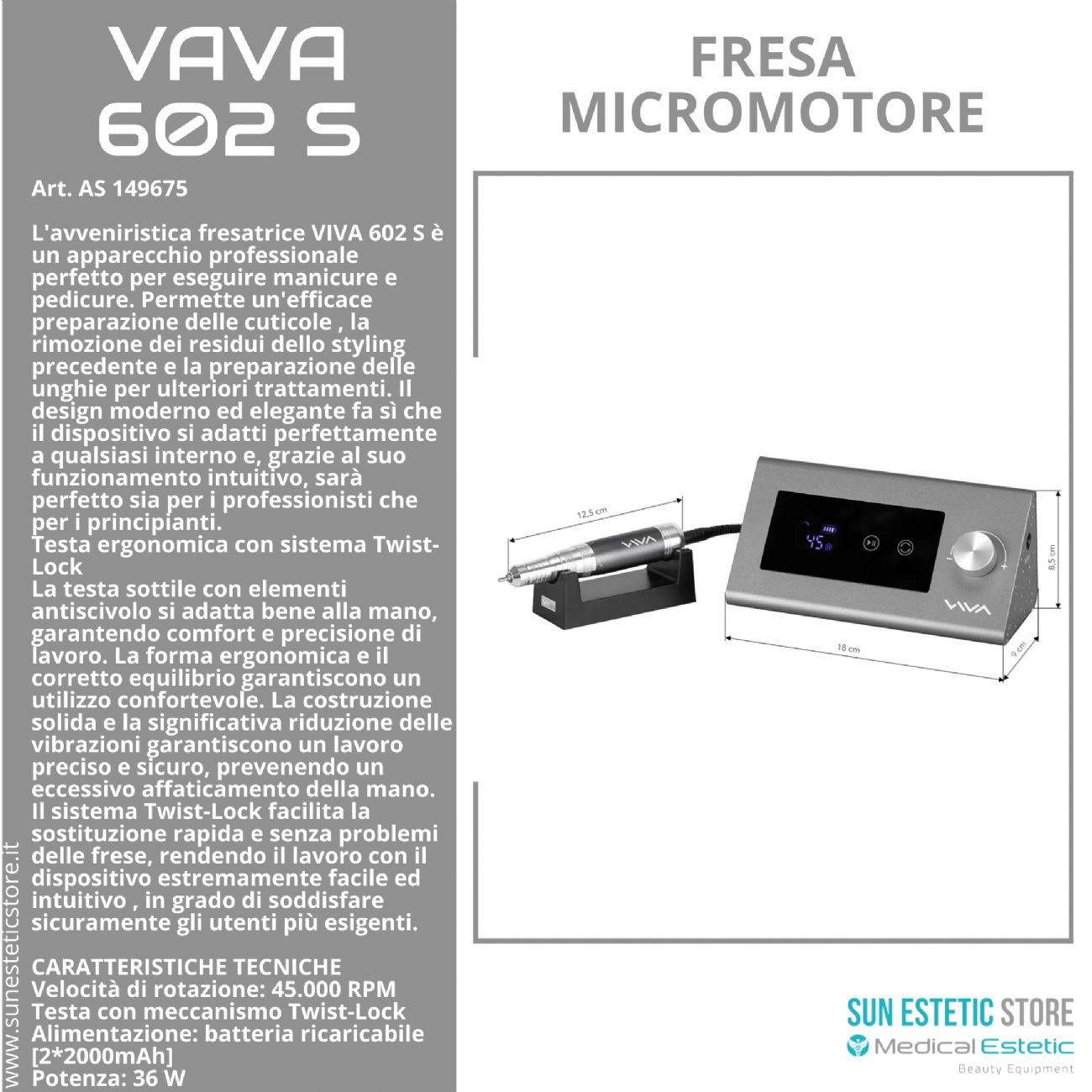 Viva 602 S fresa micromotore per manicure pedicure