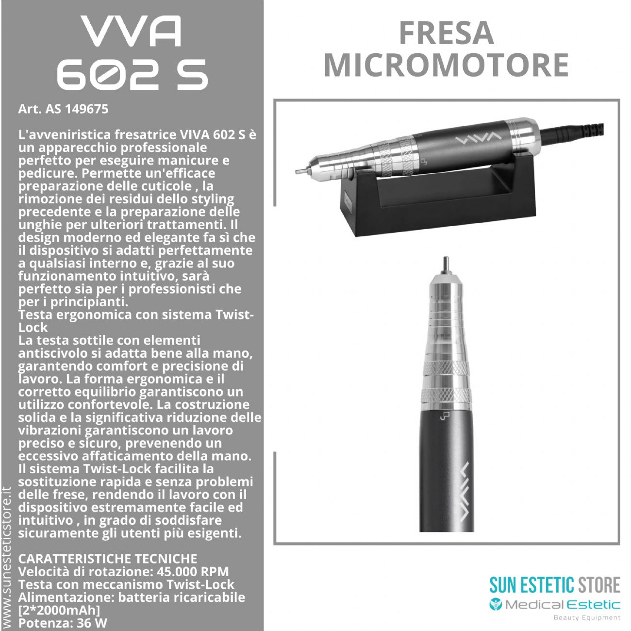 Viva 602 S fresa micromotore per manicure pedicure