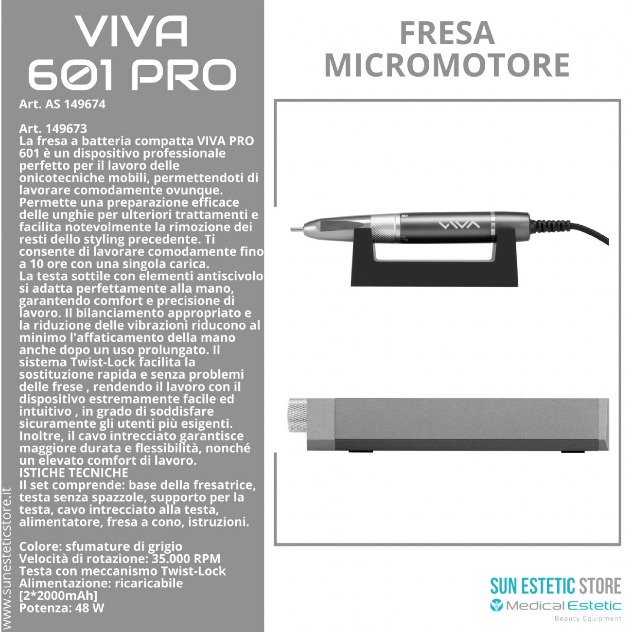 Viva 601 PRO fresa micromotore portatile a batteria per manicure